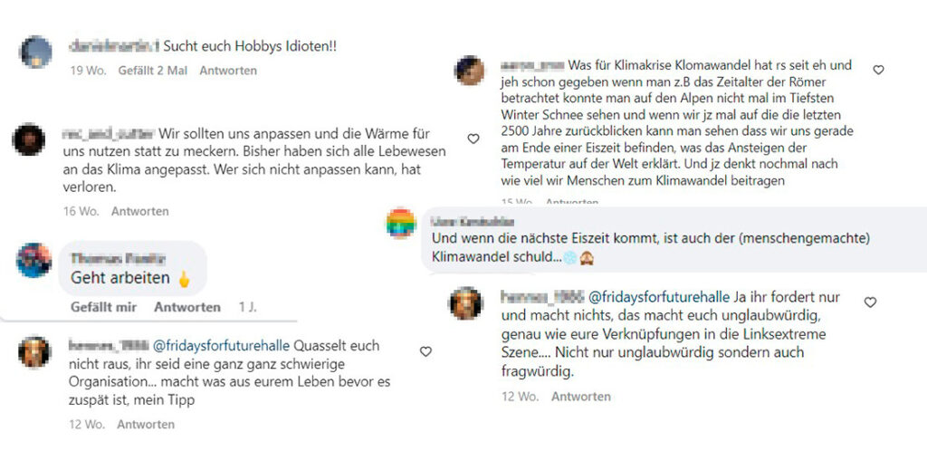 Mehrere Screenshots mit Kommentaren zu Aktionen von Fridays for Future.