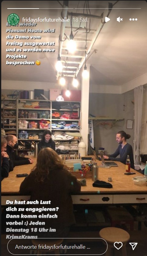 Screenshot Instagram Seite Fridays for Future Halle: Die Gruppe bei einer Sitzung.